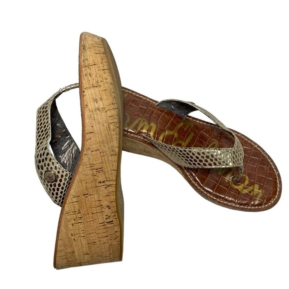 SAM Edelman Women’s Tan Cork Wedge Sandler Flip-Flop, Size 7.5M - Picture 1 of 11